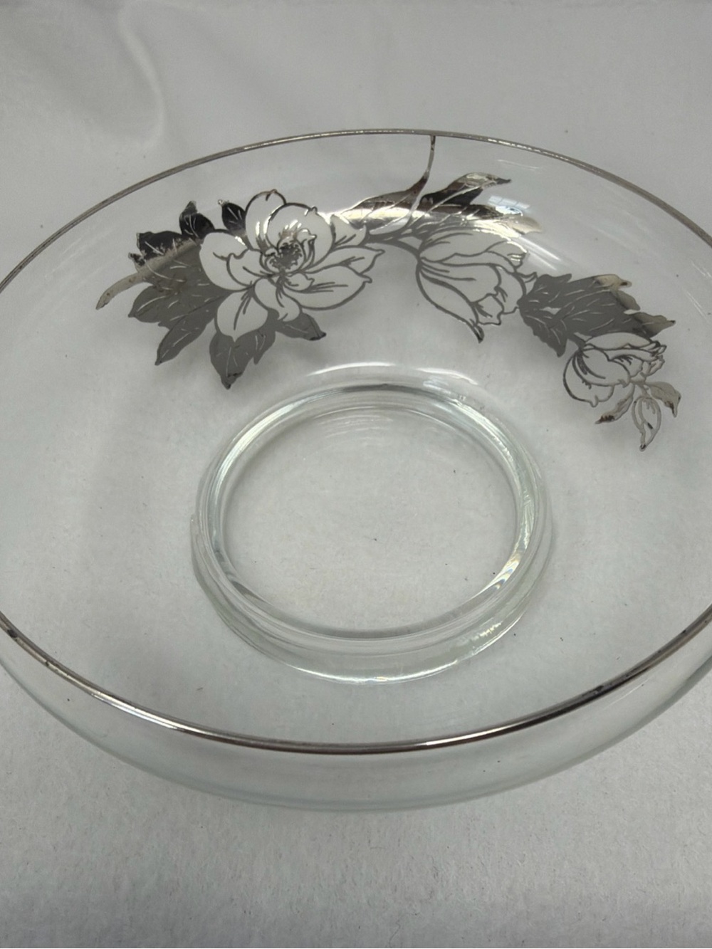 Source Unknown Clear Glass Bowl with Silver Floral Trim